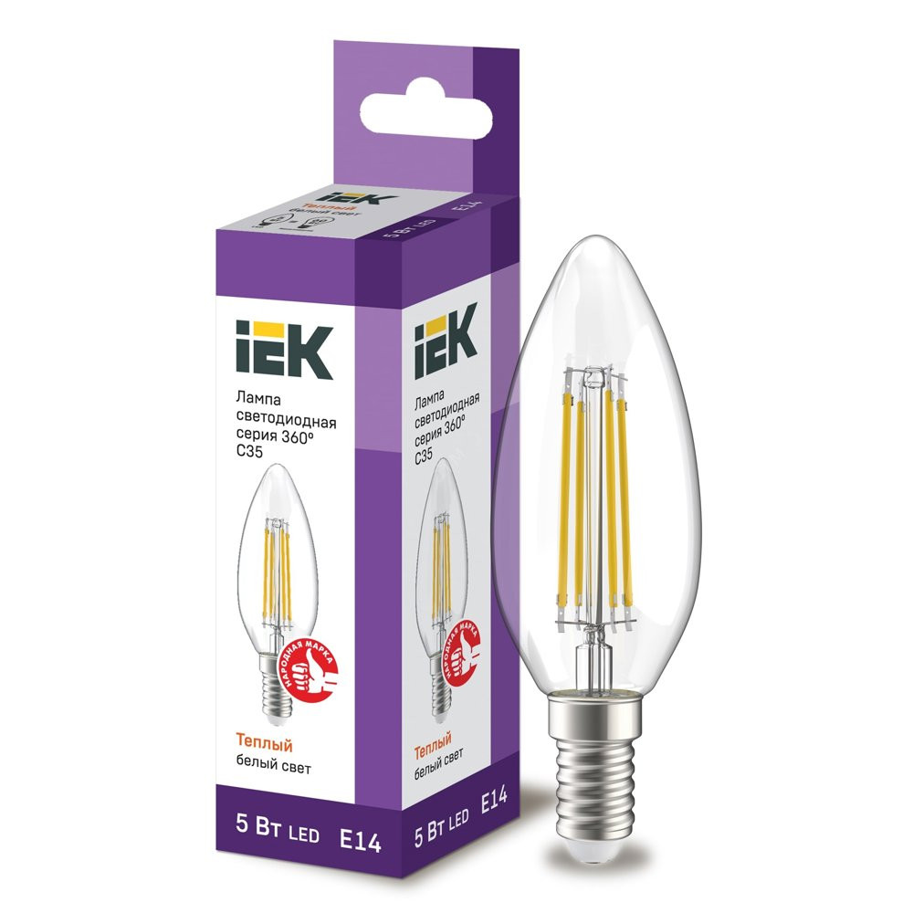 Лампа светодиодная LED 5вт Е14 теплый свеча FILAMENT (LLF-C35-5-230-30-E14-CL)