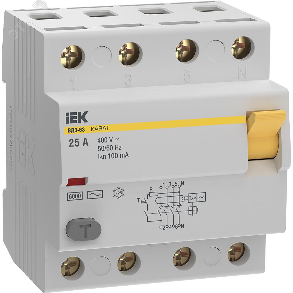 Выключатель дифференциальный (УЗО) KARAT ВД3-63 4P 25А 100мА 6кА тип AC IEK (MDV20-4-025-100)