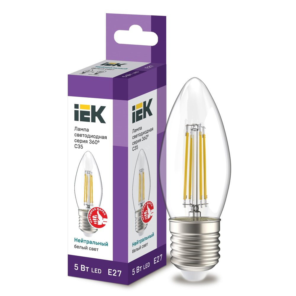 Лампа светодиодная LED 5вт Е27 белый свеча FILAMENT (LLF-C35-5-230-40-E27-CL)