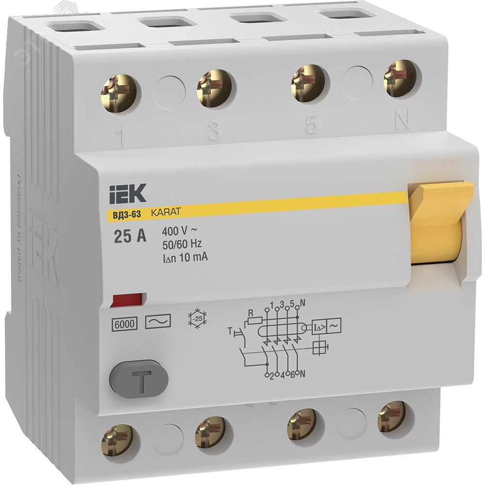 Выключатель дифференциальный (УЗО) KARAT ВД3-63 4P 25А 10мА 6кА тип AC IEK (MDV20-4-025-010)