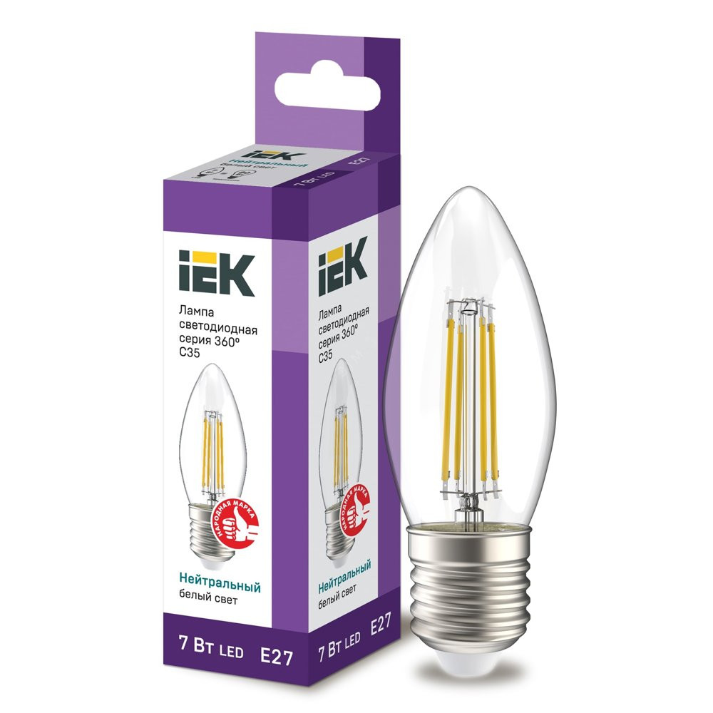Лампа светодиодная LED 7вт Е27 белый свеча FILAMENT (LLF-C35-7-230-40-E27-CL)